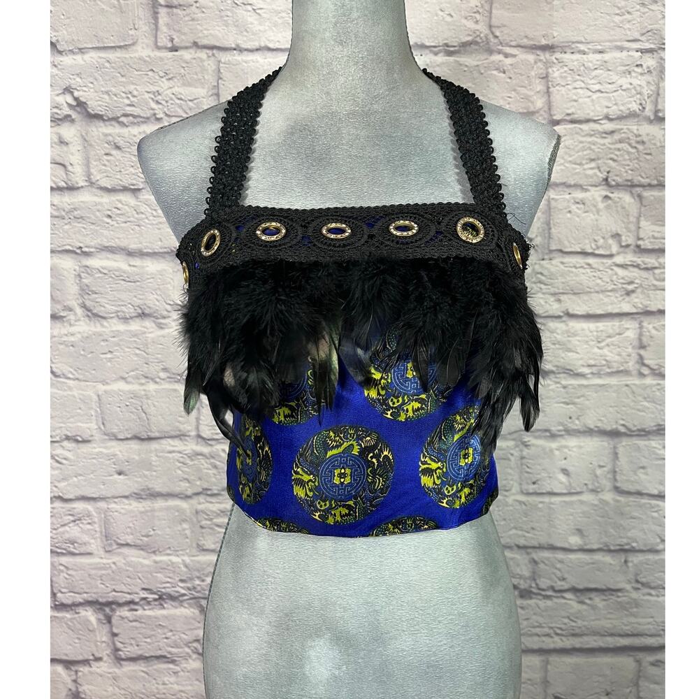 Handmade Satin Oriental Medallion Cropped Blouse with Coque Feather Trim